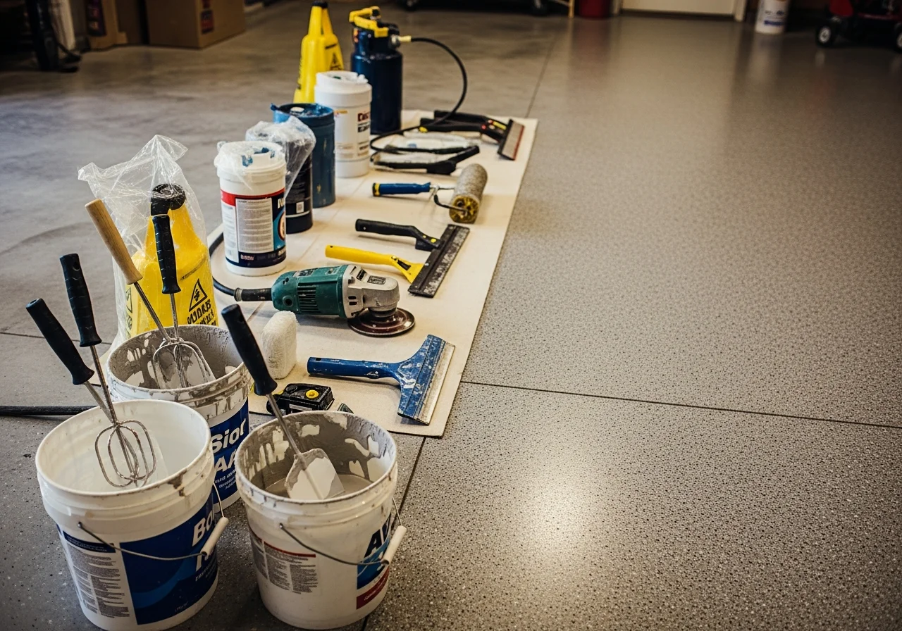 Epoxy flooring installation in progress, showing tools and materials on a residential garage floor.