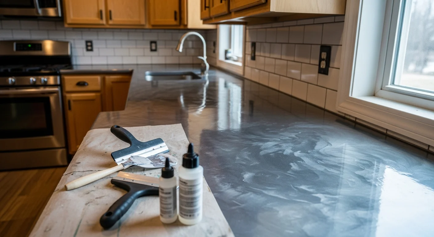 Metallic epoxy bathroom countertop with a shiny finish