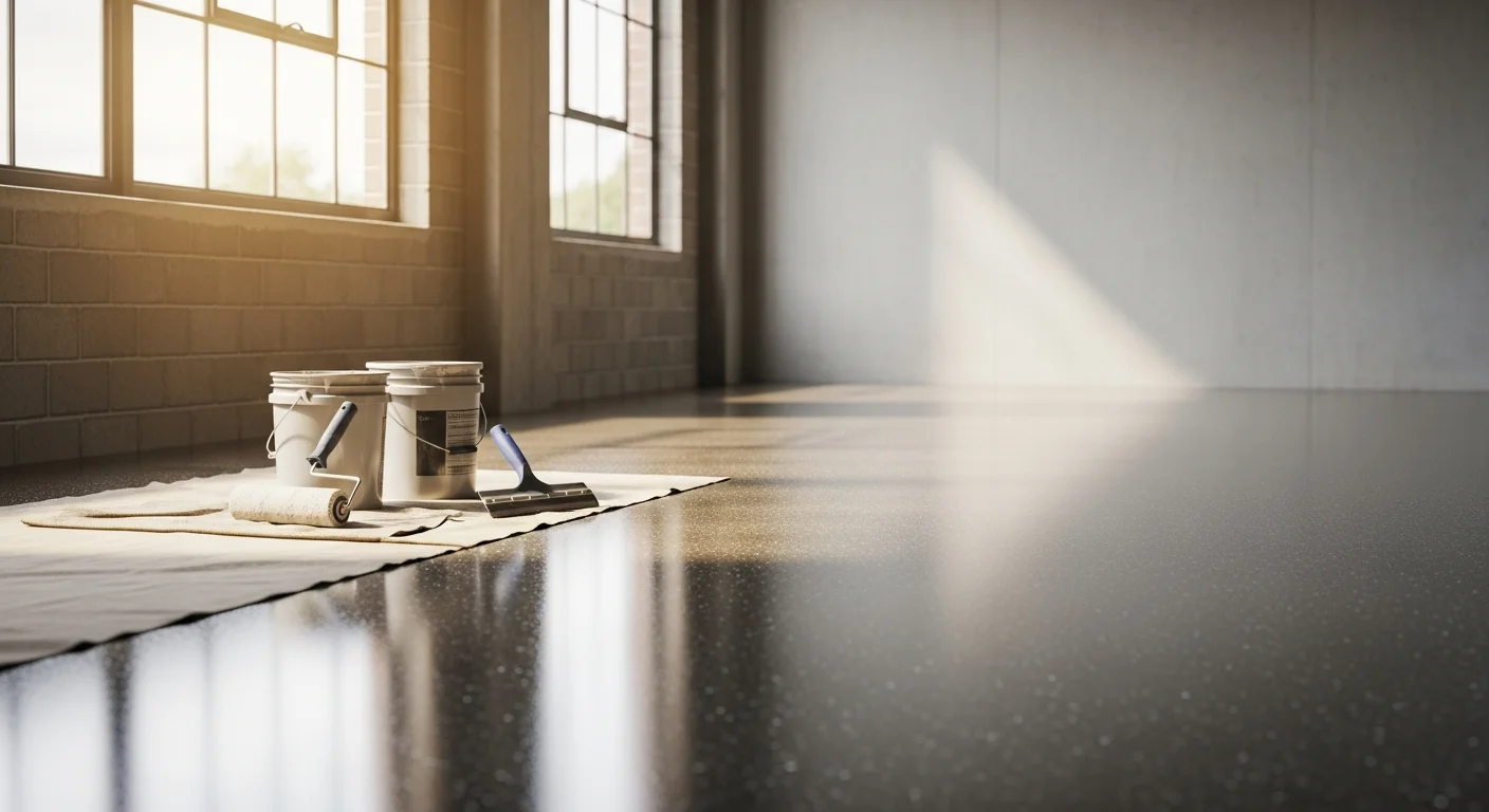 Shiny epoxy floor coating in a residential garage