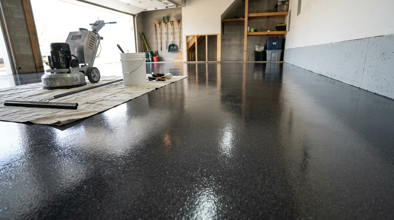 Glossy epoxy garage floor with decorative flake coating in a Rochester home