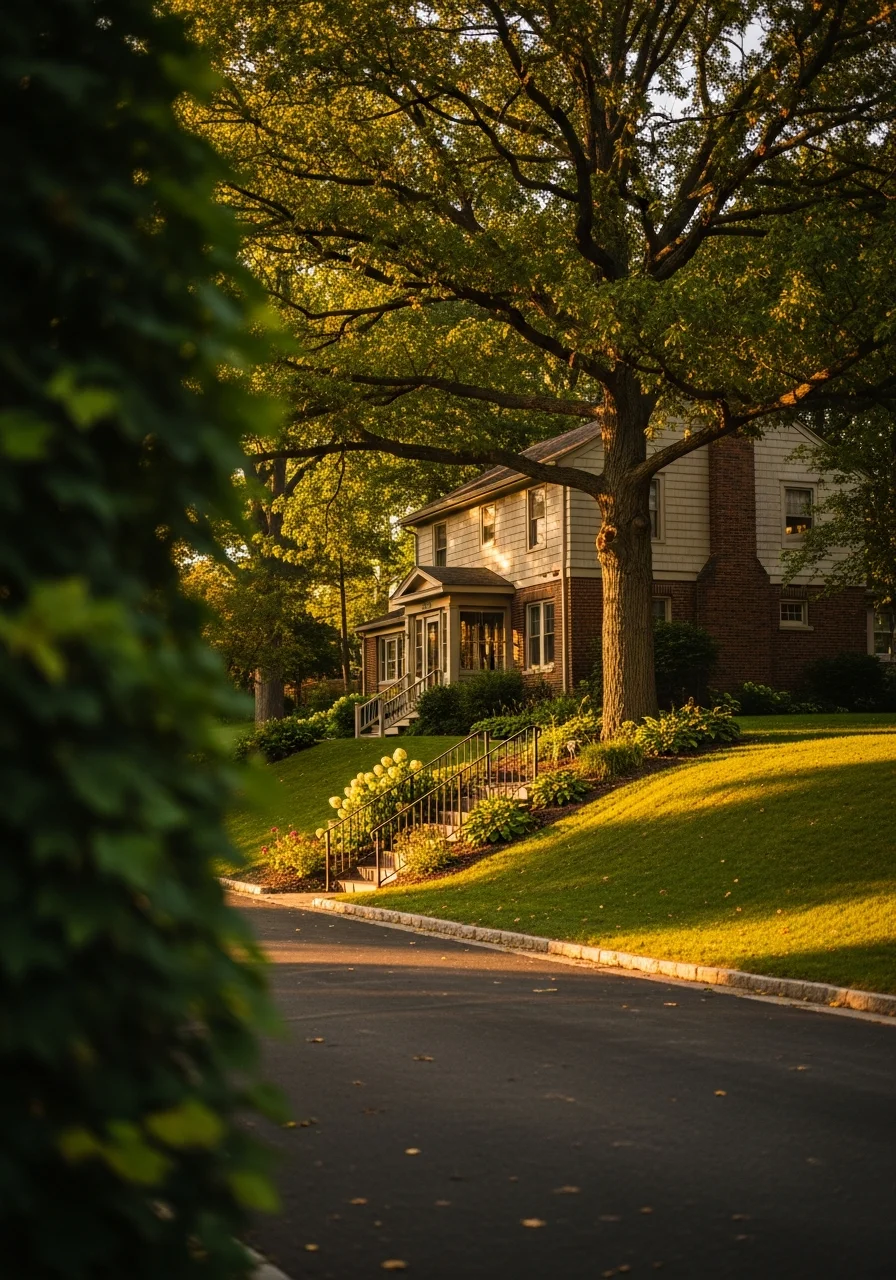 A well-maintained home on a La Crosse hillside with mature trees and established landscaping.