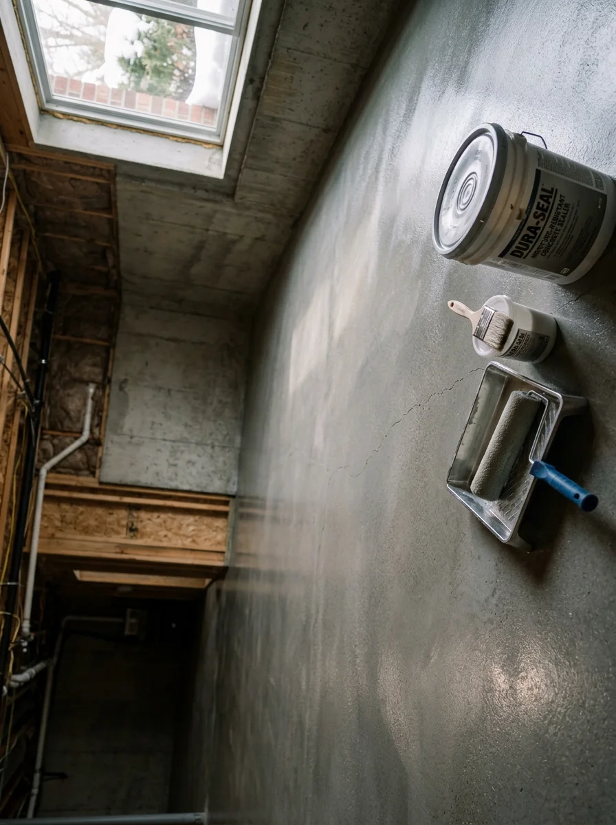 Sealed basement concrete floor in Minnesota, protecting against freeze-thaw cycles and summer humidity condensation
