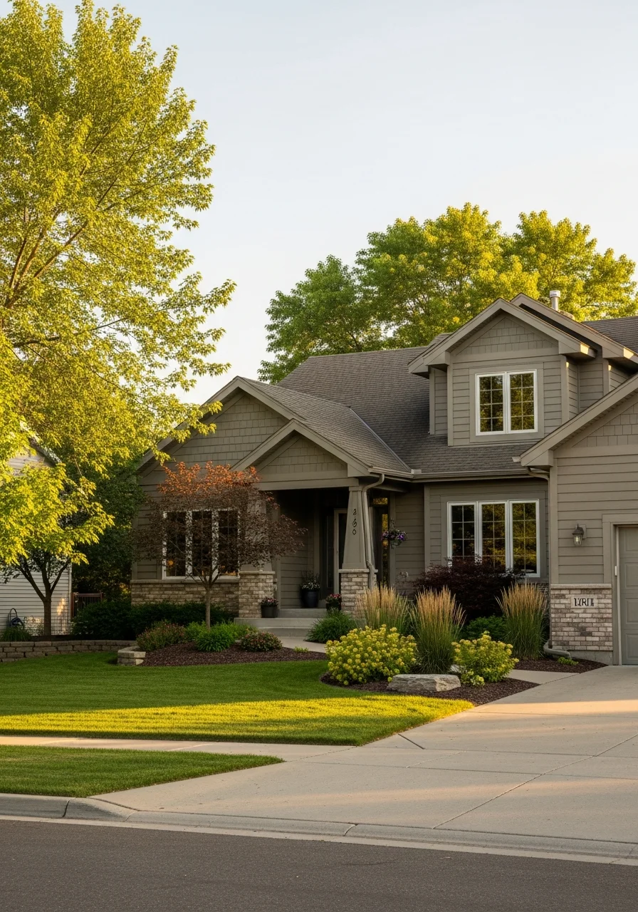 A contemporary suburban home in a family-oriented neighborhood with a well-maintained yard.