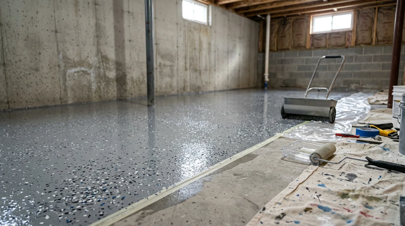 Finished basement floor in a Rochester, MN home showing a full-flake epoxy coating with a smooth, sealed surface and decorative color flakes throughout. The coated concrete floor runs the length of an open lower-level room set up as a rec space.
