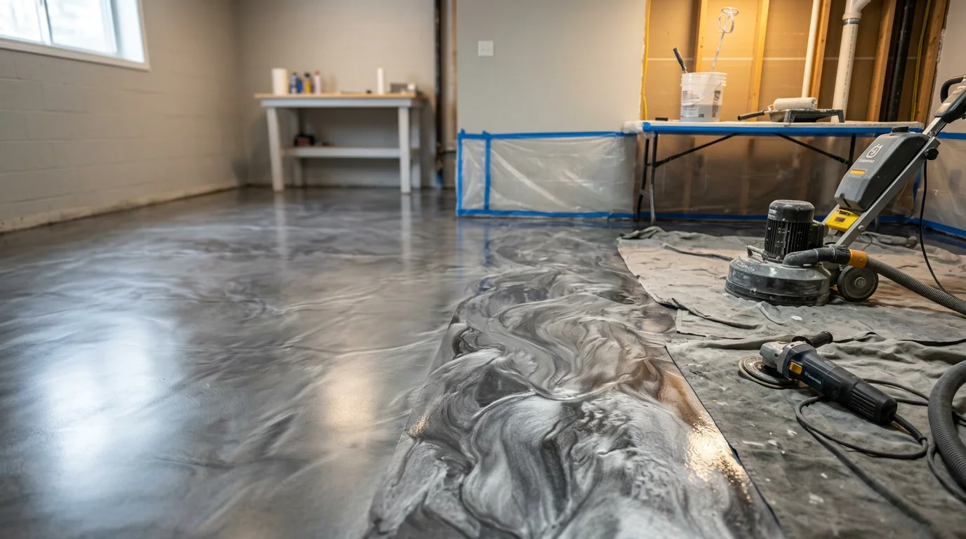 Finished basement in a Rochester, MN home with a high-gloss metallic epoxy floor showing deep swirling pigment patterns in a three-dimensional finish. The reflective surface brightens the below-grade room and covers the full concrete slab from wall to wall.