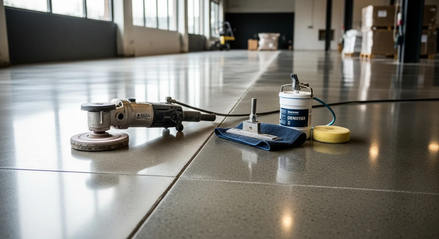 A wide commercial floor in a Rochester, MN business space showing a high-gloss polished concrete surface reflecting overhead lighting. The smooth, gray slab runs across an open retail or office area with clean, defined edges.