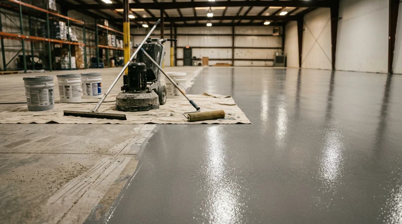 Freshly coated commercial concrete floor inside a Rochester, MN warehouse facility, showing a smooth high-gloss surface under overhead lighting. The seamless finish covers the full floor area with no visible seams or cracks.