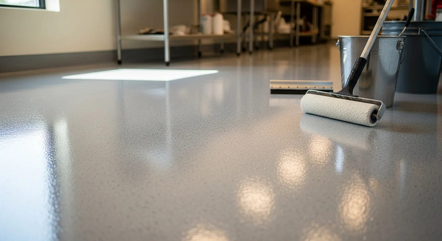 Freshly installed seamless epoxy floor in a commercial kitchen in Rochester, MN, showing a light-gray anti-slip surface with coved base transitions at the wall junctures. The kitchen prep area is clear of grout lines with floor drains visible near the cooking line.