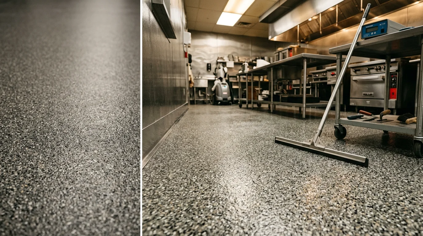 Seamless quartz broadcast floor installed in a commercial kitchen in Rochester, MN, showing a textured, light-colored surface under stainless steel prep equipment. The floor runs wall to wall with no grout lines, reflecting overhead kitchen lighting.