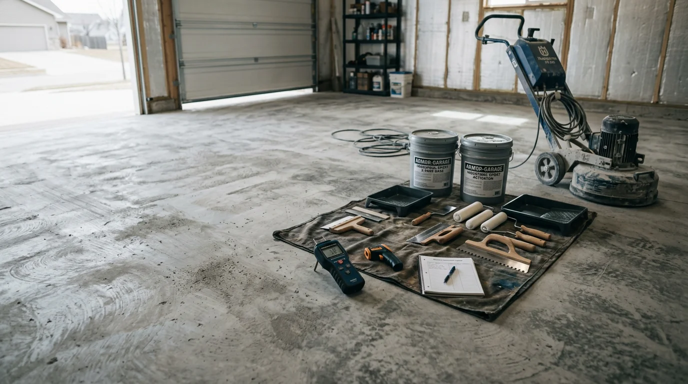 Freshly installed concrete epoxy floor with a smooth, glossy finish inside a residential garage in Rochester, MN. The sealed surface shows a decorative flake pattern with no cracks, dust, or bare concrete visible.