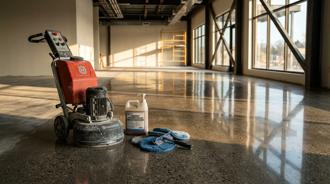 A high-gloss polished concrete floor inside a Rochester, MN residential basement, showing a smooth, reflective surface free of pitting or dust. The finish ranges from a warm satin sheen near the walls to a bright mirror-like center under overhead lighting.