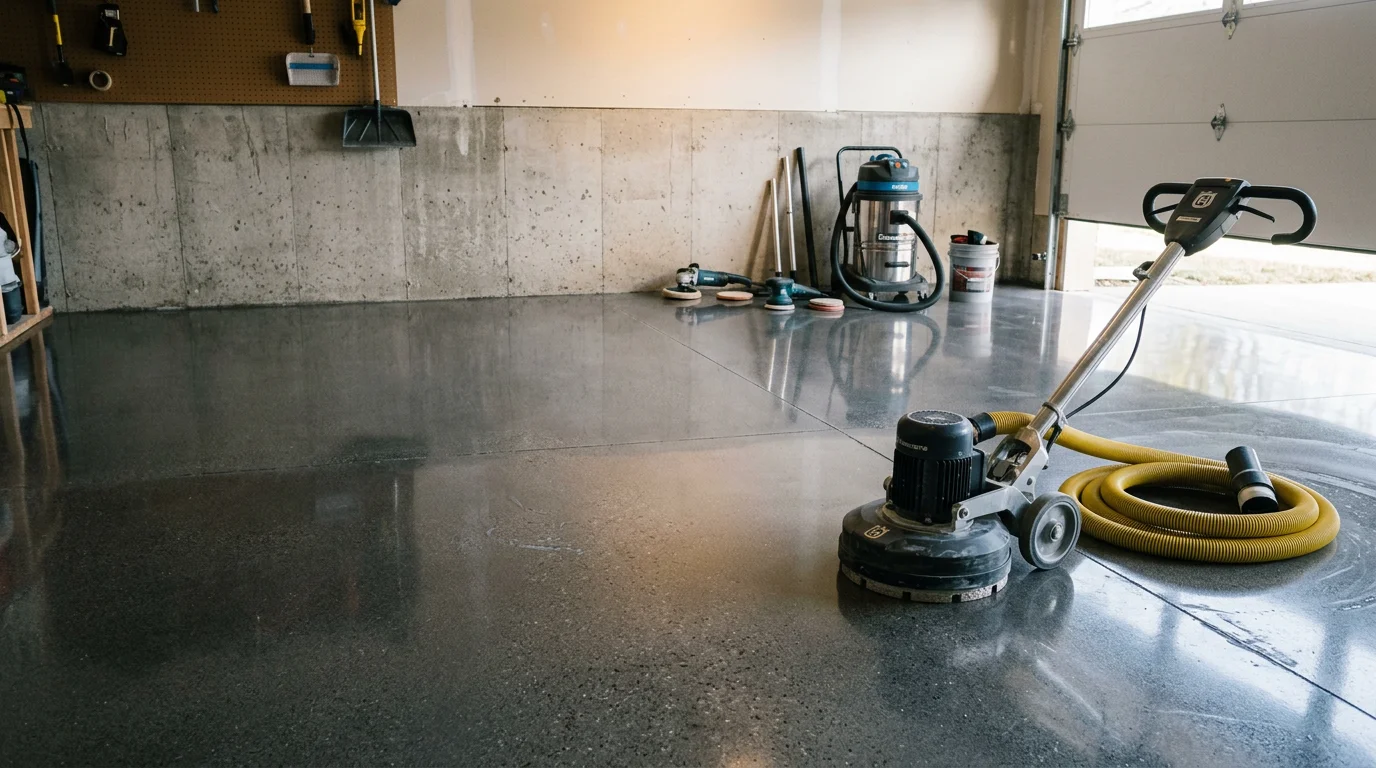 A polished concrete garage floor in a Rochester, MN home showing a smooth, light-reflective surface free of stains and concrete dust. The finished slab runs the full length of a two-car garage with clean edges along the walls.
