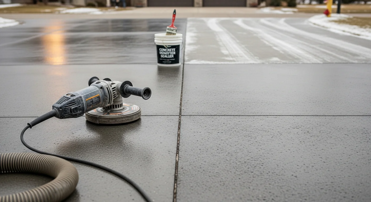 A polished concrete driveway in Rochester, MN showing a smooth, low-sheen surface free of pitting and staining. The finished slab leads to a residential garage in an Olmsted County neighborhood.