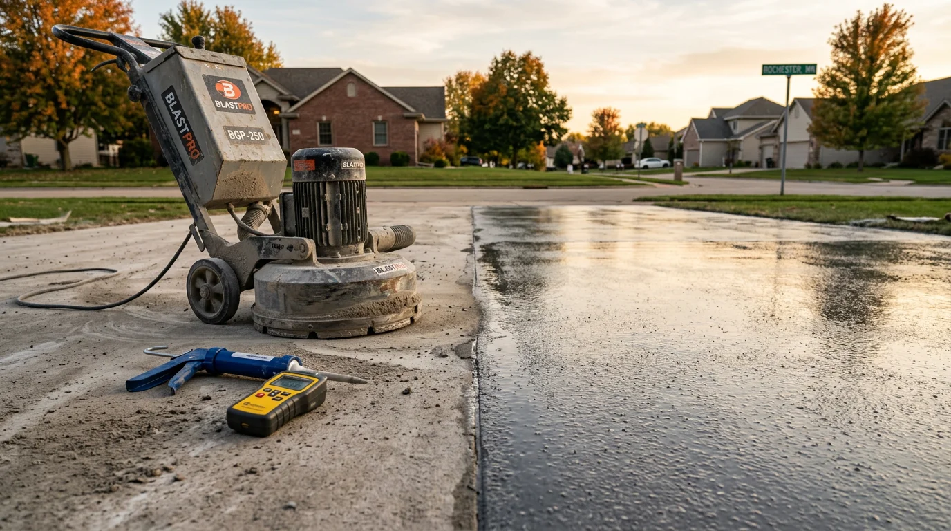 A freshly coated residential concrete driveway in Rochester, MN with a smooth, sealed surface showing a clean uniform finish. The coating covers the full driveway apron with no visible cracks or staining.