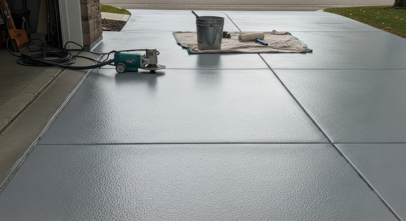 A freshly polyurea-coated concrete driveway at a Rochester, MN home, showing a smooth, sealed surface free of cracks and staining. The coating reflects even light and shows a clean, slip-resistant finish ready for vehicle traffic.