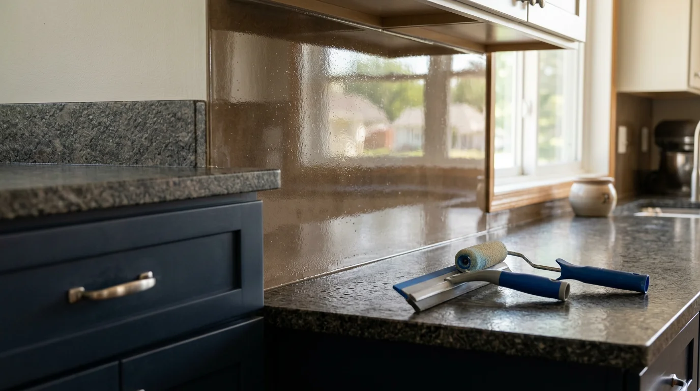 A seamless epoxy backsplash installed behind a kitchen stove in a Rochester, MN home, showing a smooth, grout-free surface with a glossy custom finish. The coating runs continuously from countertop to cabinet with no visible seams or tile edges.