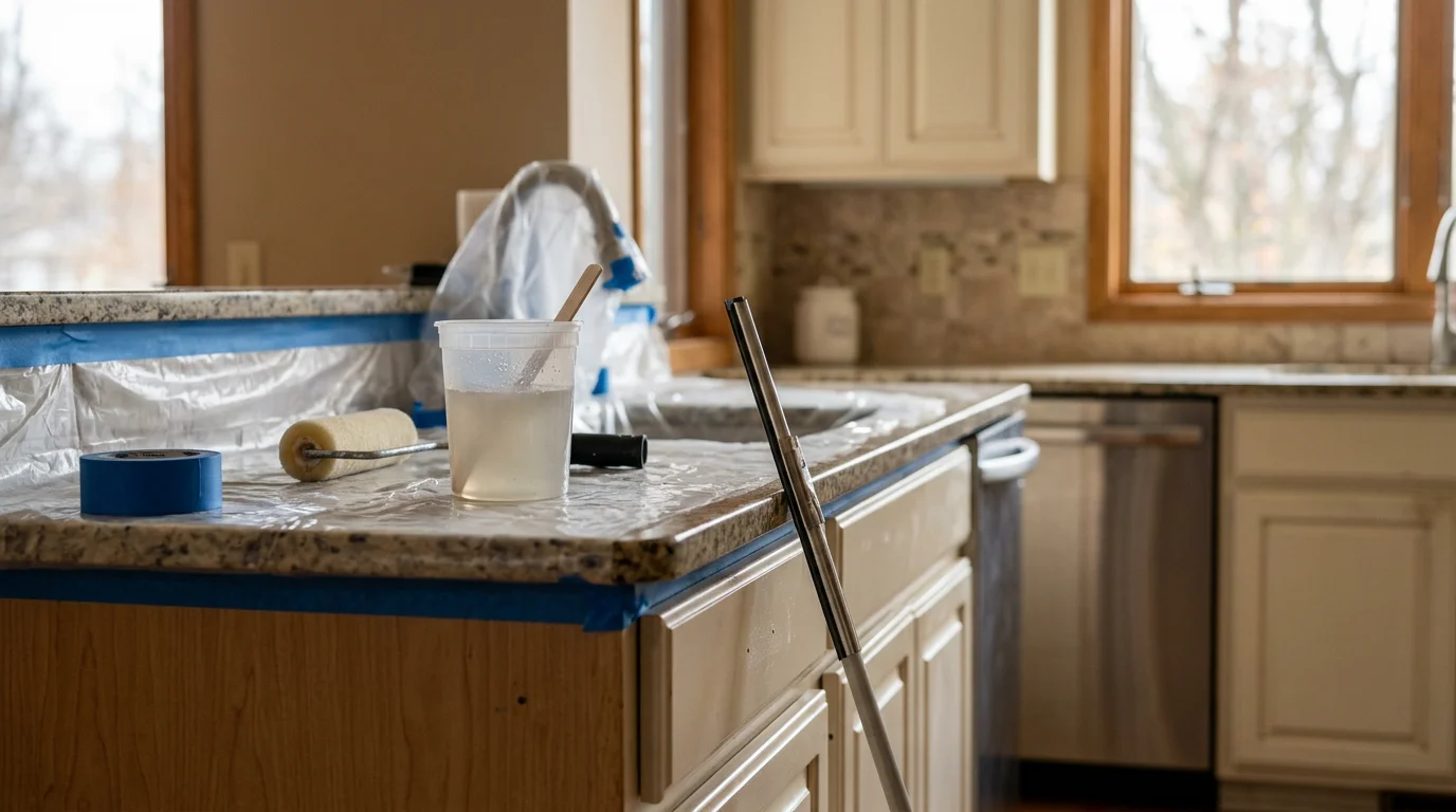 Custom epoxy countertop with a smooth, glossy finish installed in a residential kitchen in Rochester, MN. The seamless surface shows a flowing stone-style pattern over existing cabinetry with no grout lines visible.