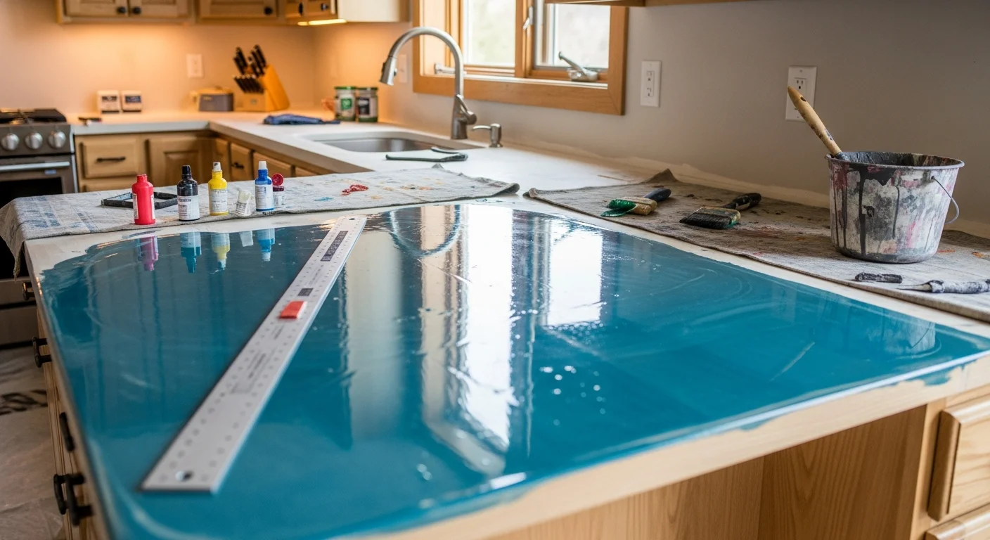 Finished epoxy countertop installation in a Rochester, MN kitchen showing a seamless high-gloss surface with custom color patterning. Work completed by Dave Strebbing Tile & Stone.