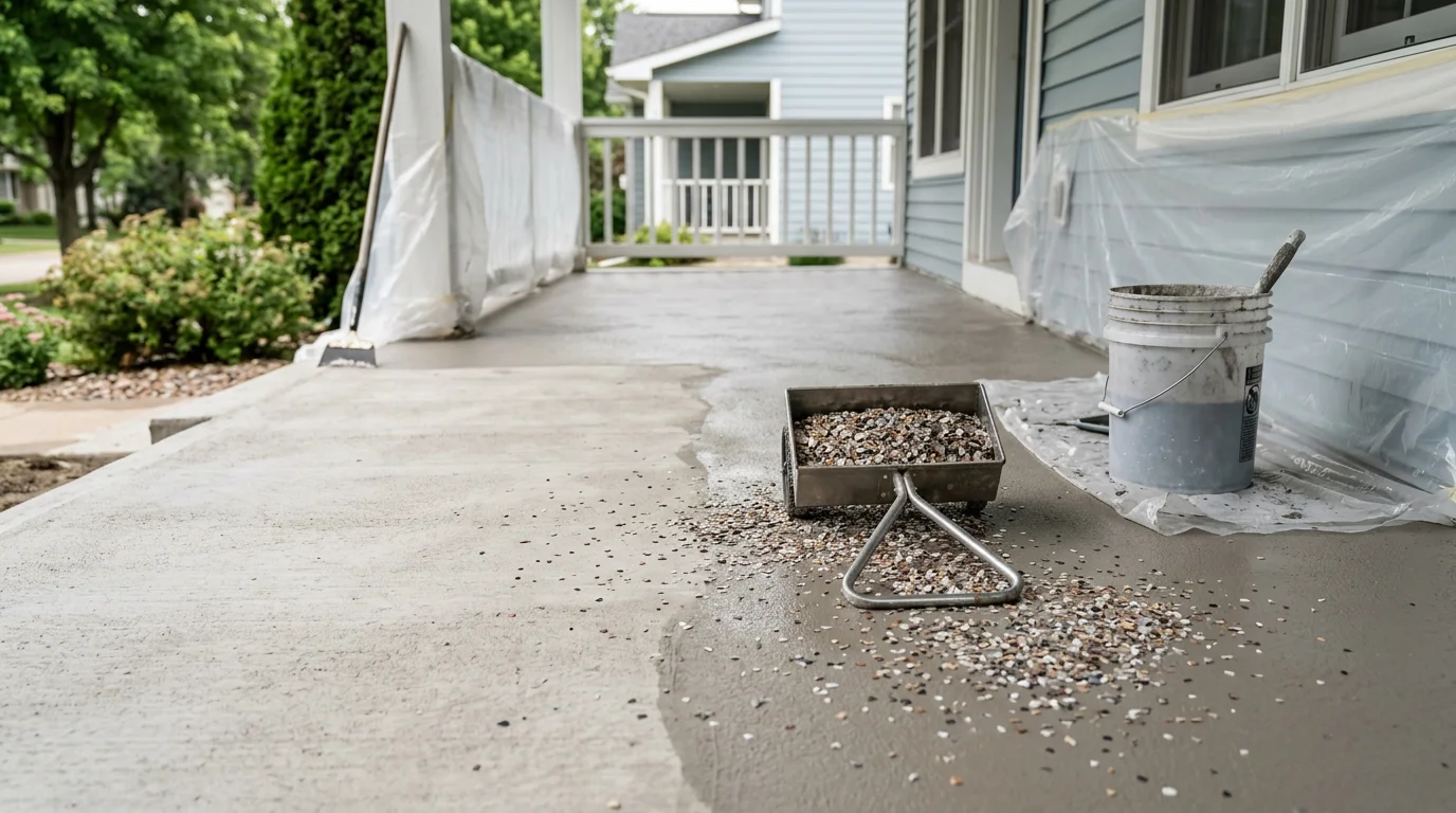 Finished epoxy flake porch floor on a Rochester, MN home, showing a seamless decorative flake coating over concrete with visible texture and a clean, uniform surface.