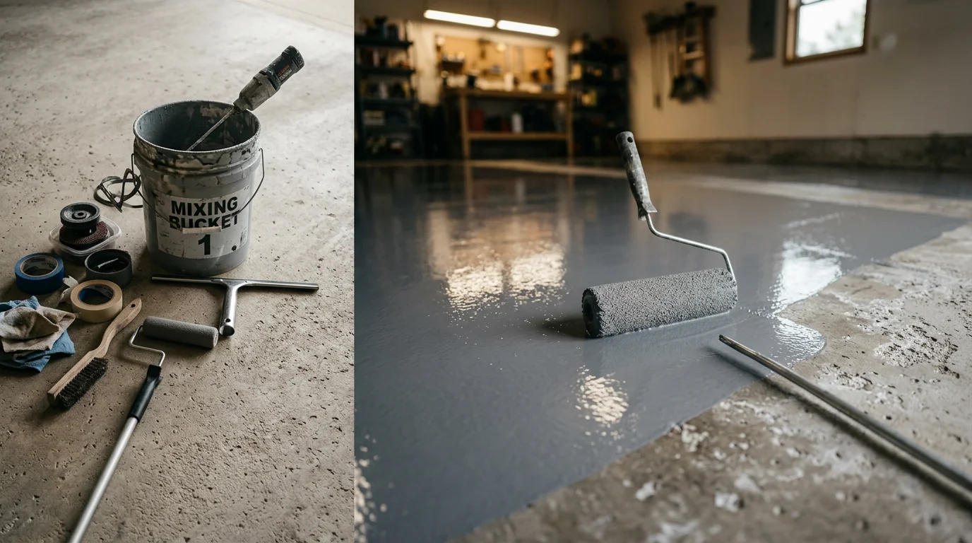 A freshly coated epoxy garage floor inside a Rochester, MN home, showing a smooth, glossy surface with decorative color flakes and clean edges along the walls. The sealed concrete floor reflects overhead lighting and shows no staining, pitting, or bare concrete.