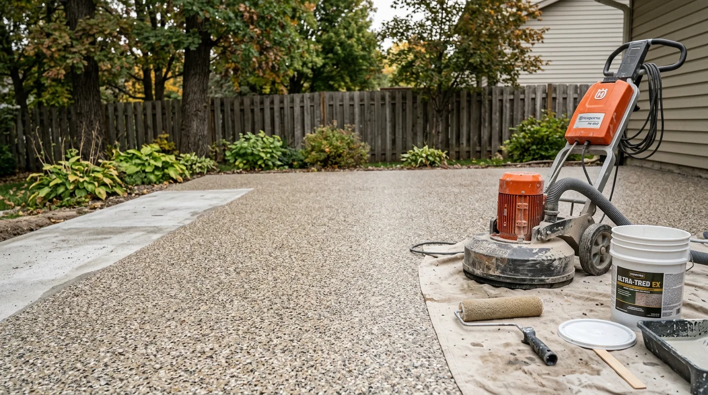 Freshly coated outdoor concrete patio with a multi-color epoxy flake finish in a residential backyard in Rochester, MN. The textured surface shows a full flake broadcast sealed under a clear topcoat with visible slip-resistant texture.