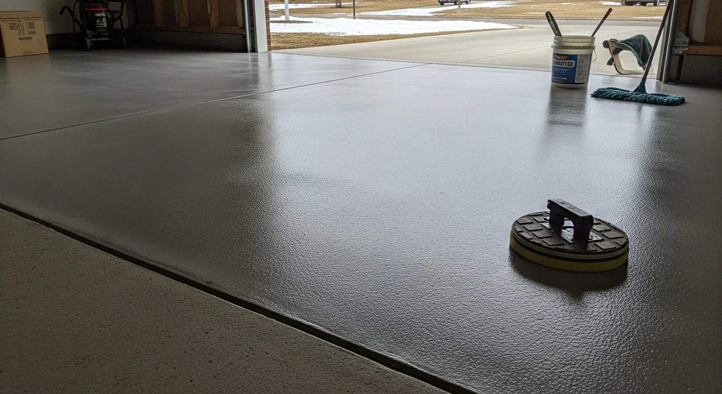 A Rochester, MN garage floor after concrete polishing by Dave Strebbing Tile & Stone, showing a smooth, high-gloss surface with no pitting or staining. The reflective finish runs the full length of a two-car garage slab.