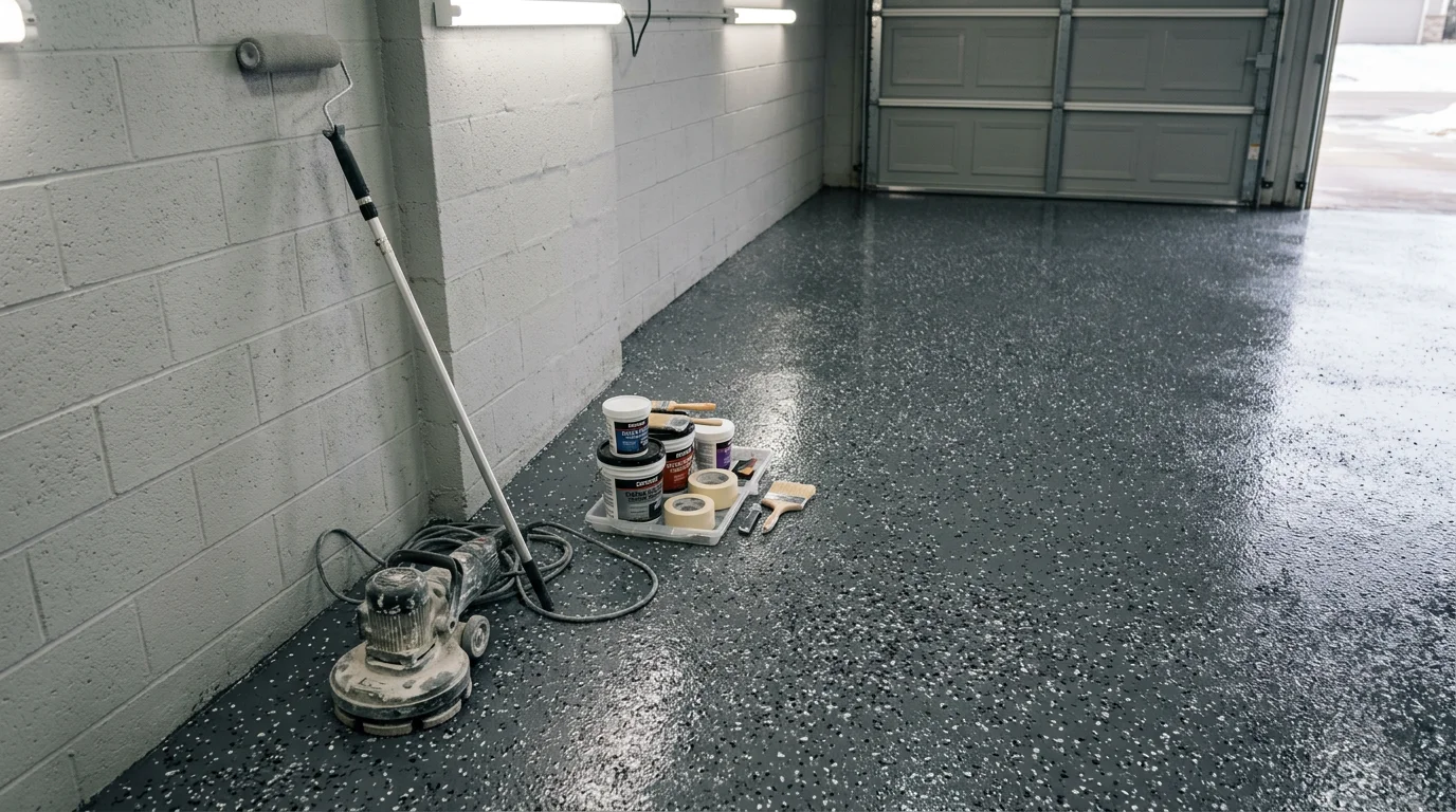Finished garage epoxy flake floor in a Rochester, MN home showing a full broadcast of decorative vinyl flakes sealed under a glossy protective topcoat. The concrete surface is smooth, uniform, and free of staining or pitting.