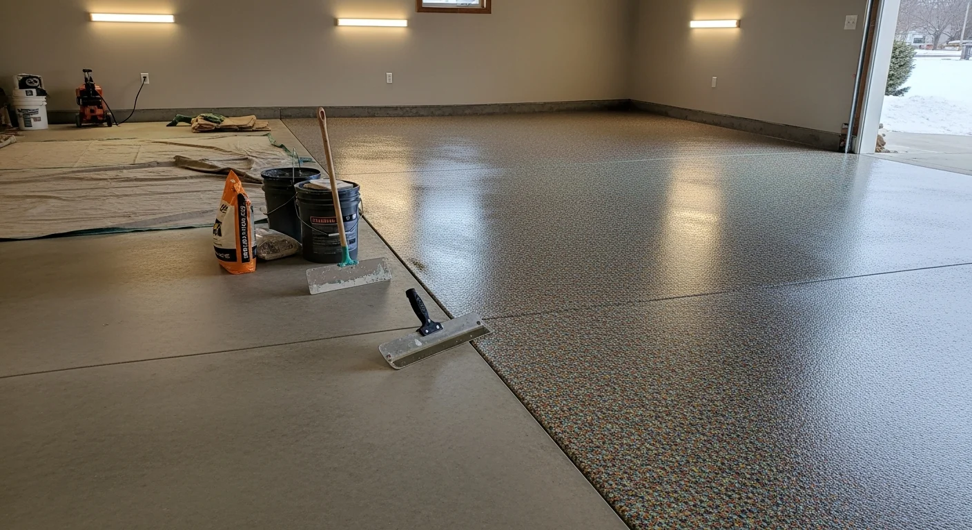 Finished garage epoxy flake floor in a Rochester, MN home, showing a gray and tan multi-tone flake blend with a sealed, textured surface. A two-car garage with clean concrete walls and overhead lighting frames the completed coating installation.