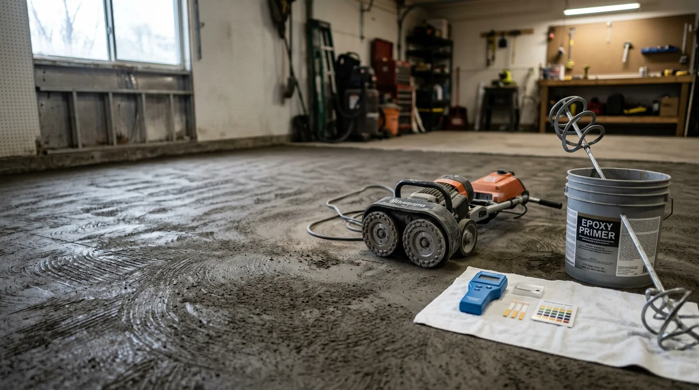 A finished garage floor in Rochester, MN with a smooth, sealed epoxy coating covering the full concrete slab. The surface shows a clean, uniform finish free of staining, pitting, or bare concrete.