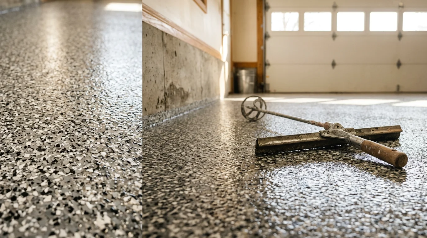 Finished polyurea flake garage floor coating in a Rochester, MN home garage, showing a smooth, textured surface with decorative color flakes and a clean, sealed finish. The coated concrete floor reflects overhead lighting and shows no cracking, staining, or surface pitting.