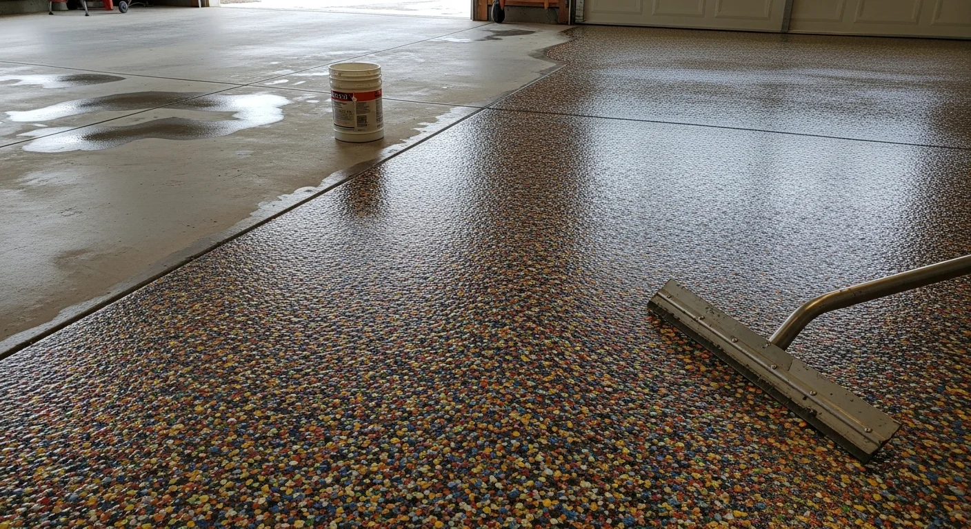 A Rochester, MN garage floor finished with polyurea flake coating showing a smooth, multi-color flake surface under overhead lighting. The sealed concrete floor runs the full width of a two-car garage with clean edges along the walls.