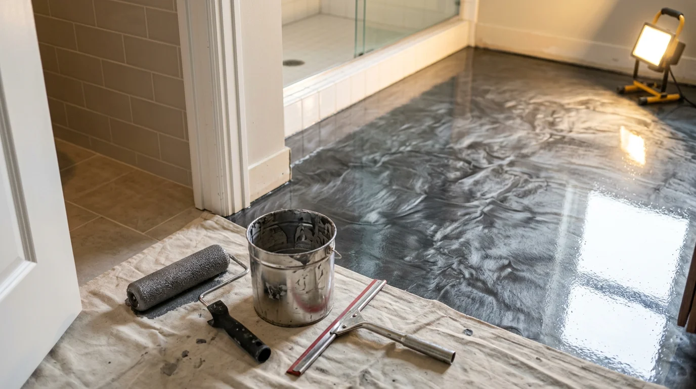 Metallic epoxy bathroom floor in a Rochester, MN home showing a glossy, swirling three-dimensional finish in a seamless waterproof coating. Close-up view highlights the reflective depth of the metallic pigments against the bathroom's concrete base.