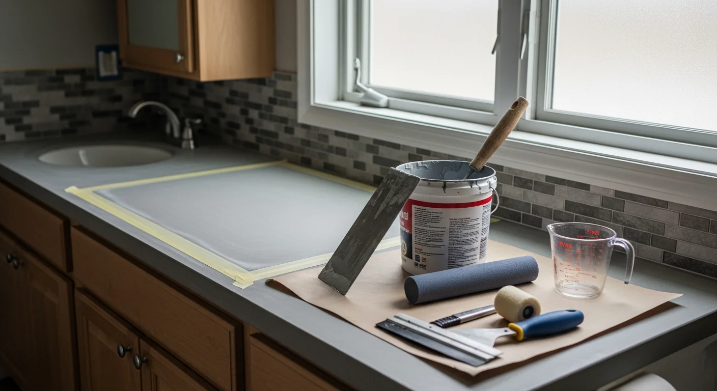 A Rochester, MN bathroom vanity countertop finished with a deep metallic epoxy coating showing layered color movement and a high-gloss, seamless surface. The surrounding tile walls and undermount sink are visible in the background of the remodeled bathroom.