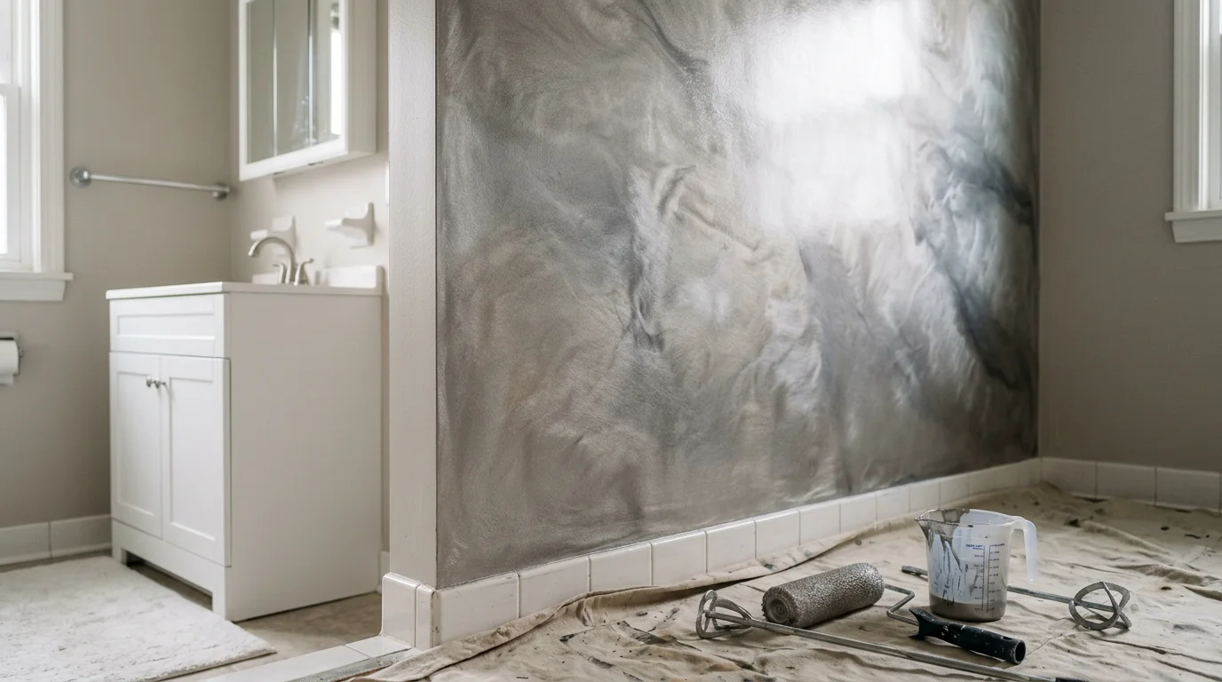 Metallic epoxy bathroom walls with a seamless, deep-gloss finish installed in a residential bathroom in Rochester, MN. The surface shows a smooth, grout-free metallic texture with subtle color movement across the shower surround.