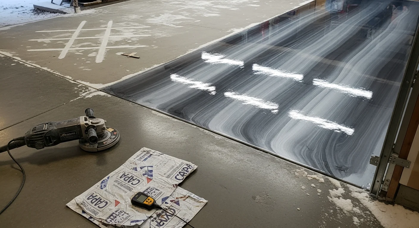 A Rochester, MN garage floor finished with metallic epoxy, showing a high-gloss surface with swirling depth and color. The seamless coating covers the full concrete slab from wall to wall.