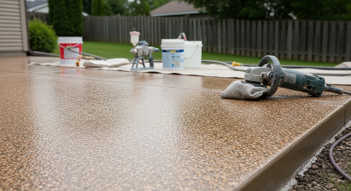 A Rochester, MN backyard concrete patio with a freshly applied polyurea flake coating showing a smooth, textured surface in a neutral multi-color flake blend. The sealed finish reflects afternoon light with no visible cracks or surface scaling.