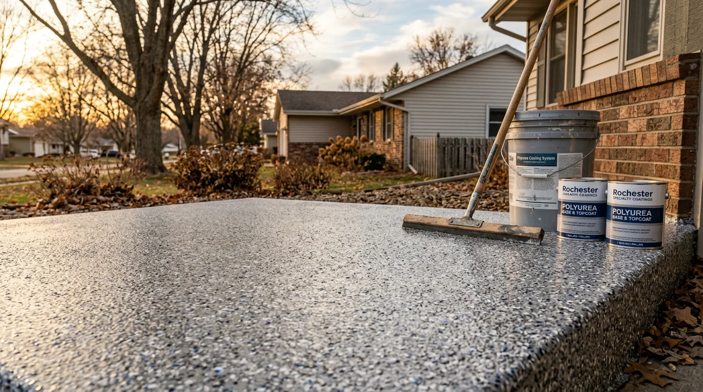 A freshly coated concrete porch in Rochester, MN showing a uniform polyurea flake finish with decorative color chips and a textured, slip-resistant surface. The coating covers the full slab area with clean edges along the home's exterior.