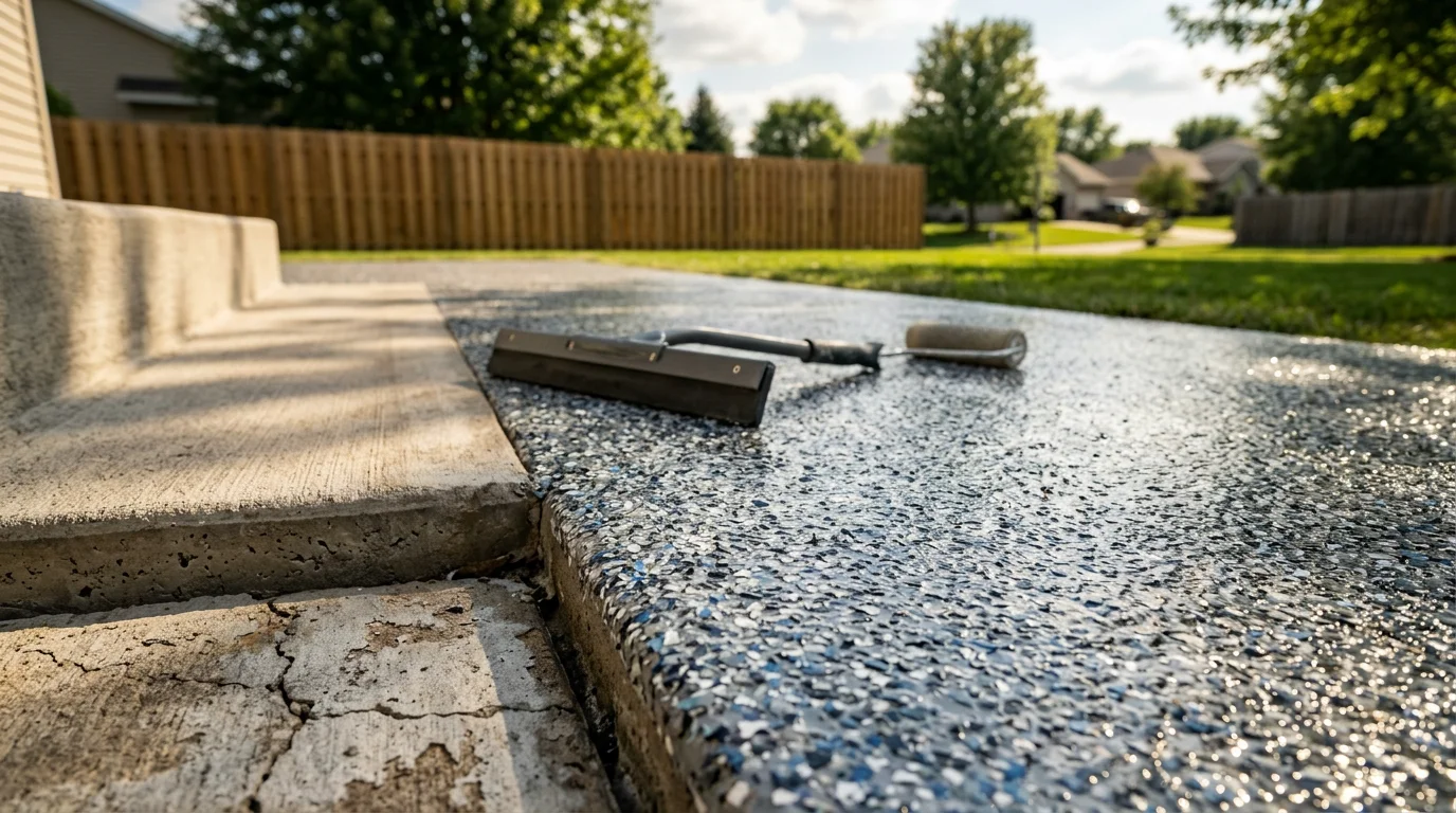 Freshly coated concrete patio with a polyurea flake finish in a residential backyard in Rochester, MN. The surface shows a multi-tone decorative flake pattern with a smooth, sealed topcoat.