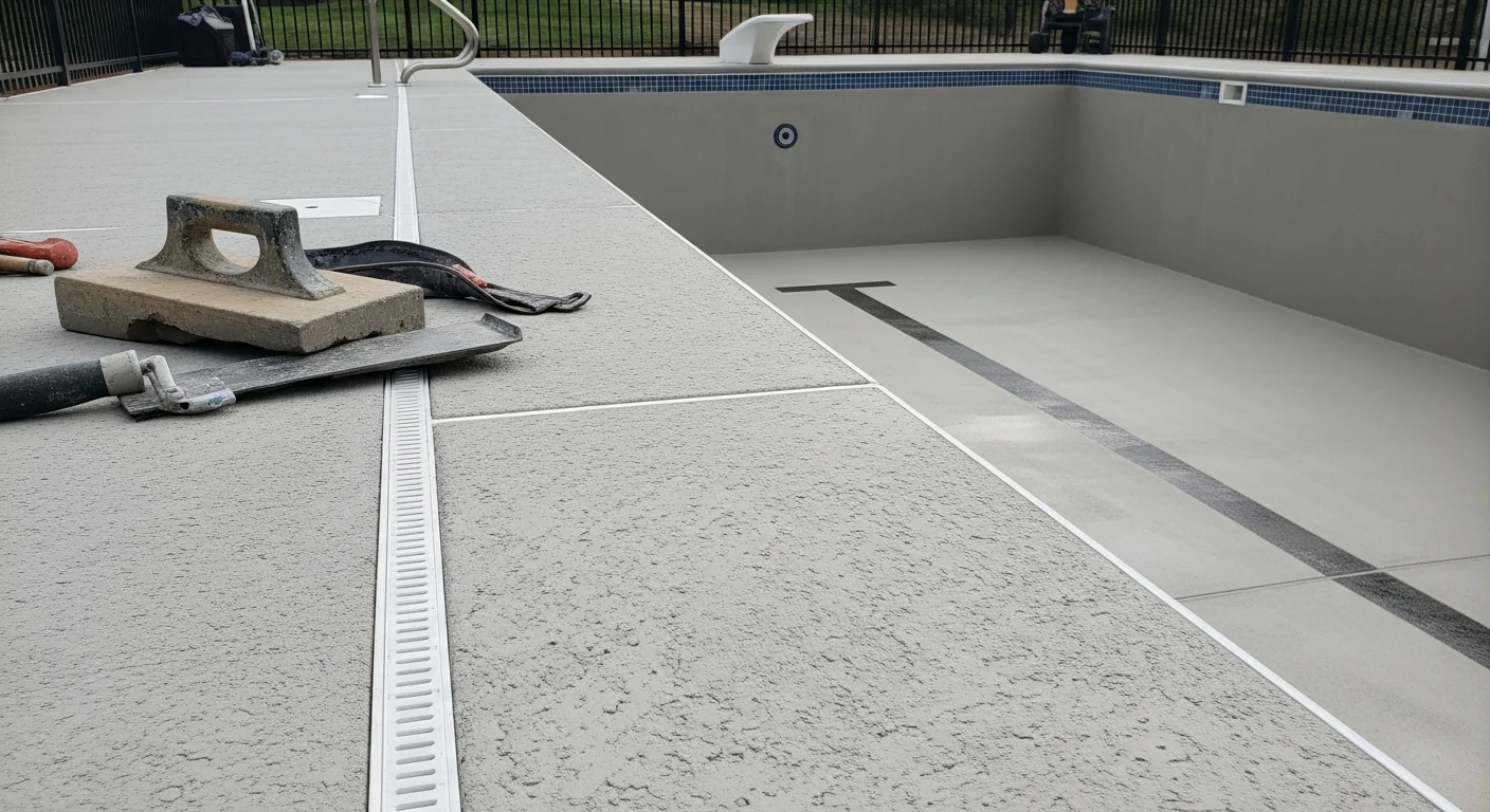 A Rochester, MN backyard pool deck with a freshly applied textured epoxy coating in a light neutral finish, showing a smooth sealed surface around the pool edge. The coating covers repaired concrete with a slip-resistant texture visible near the pool entry steps.