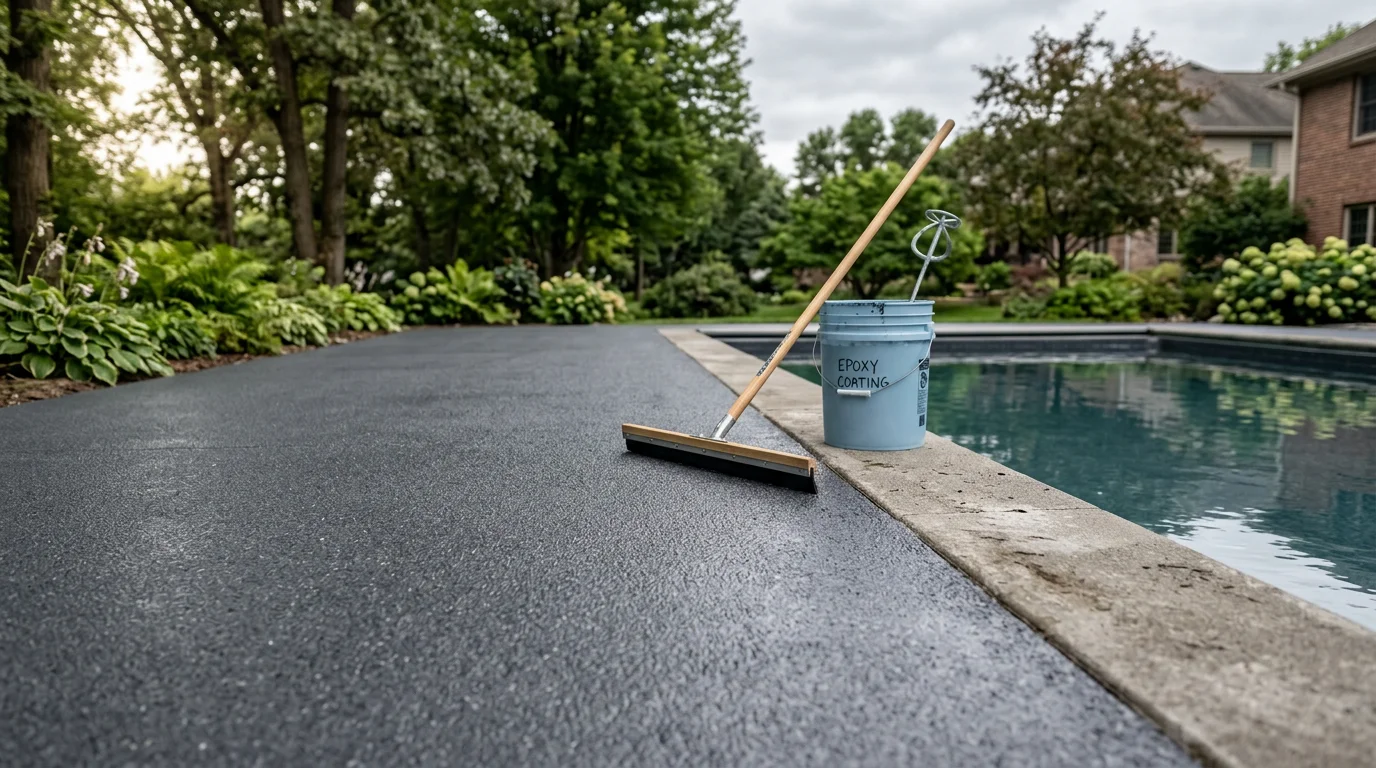 Freshly coated residential pool deck in Rochester, MN with a textured epoxy finish in a light gray tone surrounding an in-ground pool. The surface shows a smooth, uniform coating with visible slip-resistant texture along the pool edge.