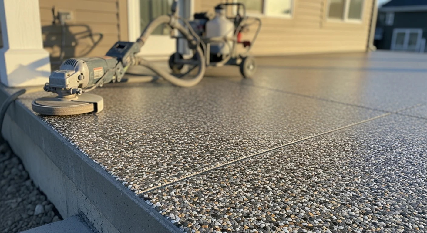 A Rochester, MN residential front porch with a freshly installed polyurea flake floor coating showing a smooth, textured surface with decorative multi-color vinyl flakes and a high-gloss clear topcoat. The coated concrete porch contrasts with the home's exterior siding and steps.