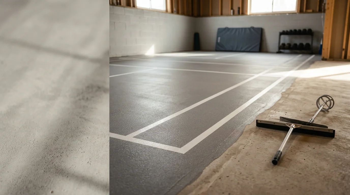 Finished sports epoxy floor inside a residential basement court in Rochester, MN, showing custom court line markings and a slip-resistant colored surface. The seamless epoxy coating covers the full concrete slab with clean edges and uniform color.