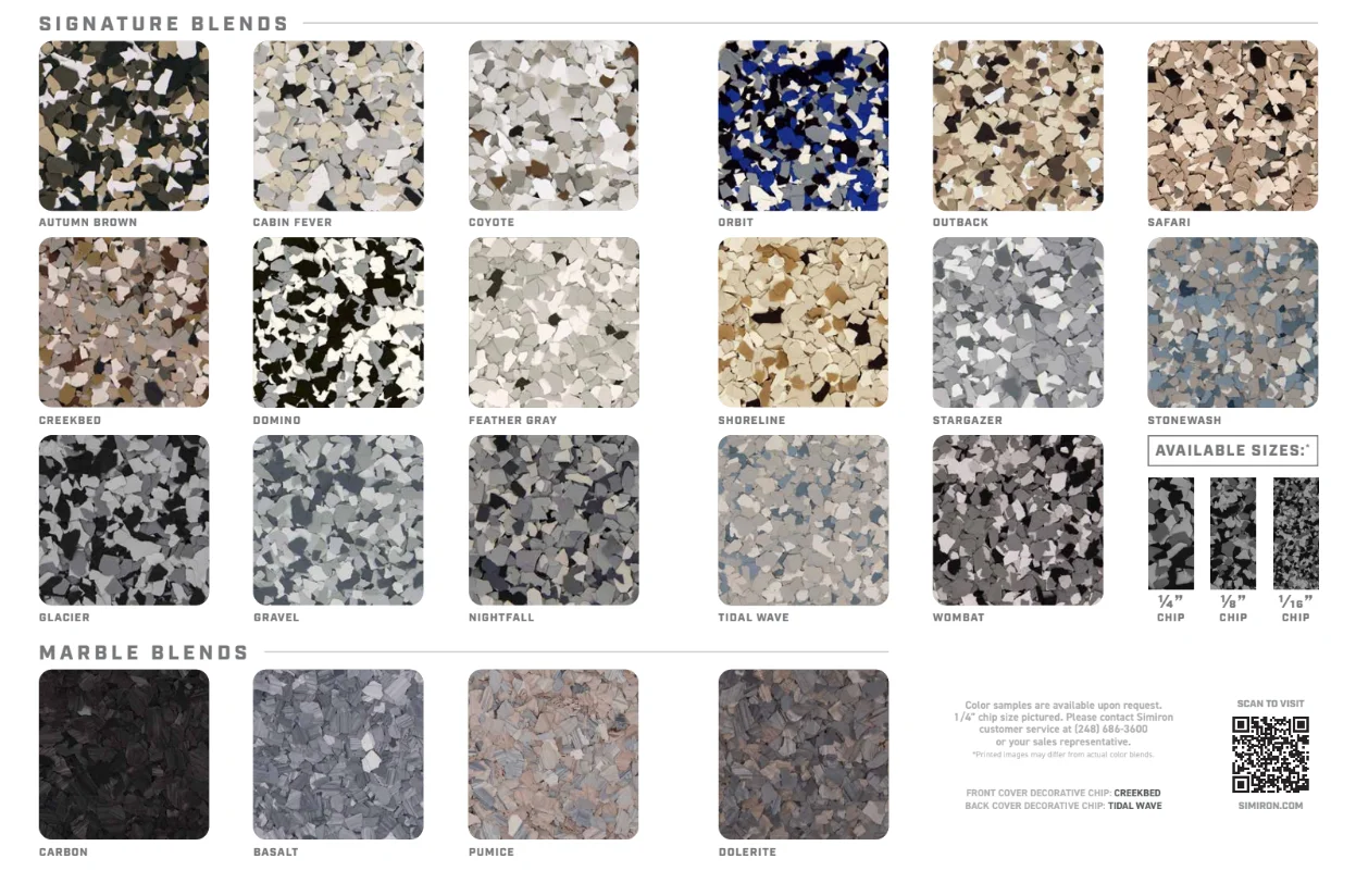 Signature and Marble Blends color options chart showing available flake chip colors and sizes
